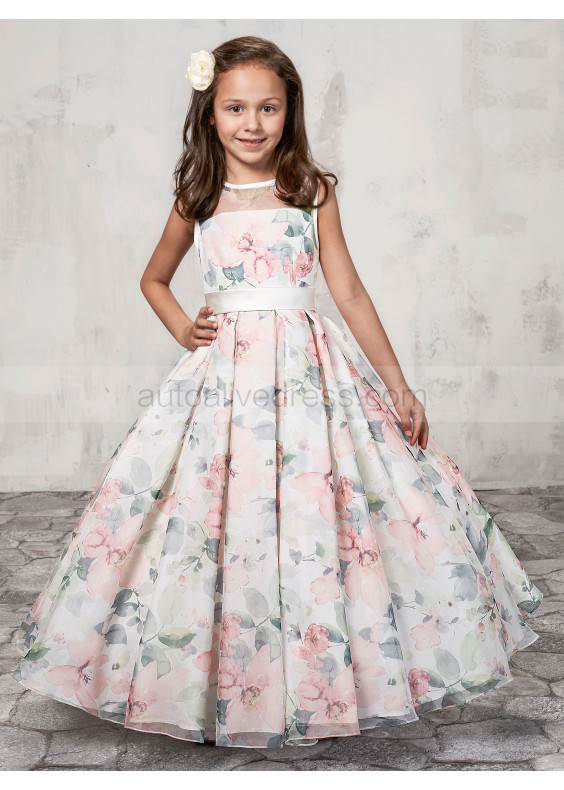 Floral Print Organza Flower Girl Dress With Decorated Buttons
